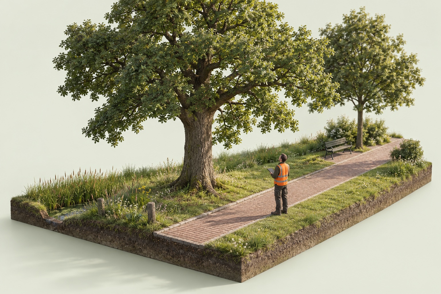 Illustratieve render van een boombeheerder met een tablet naast een grote boom langs een parkpad.