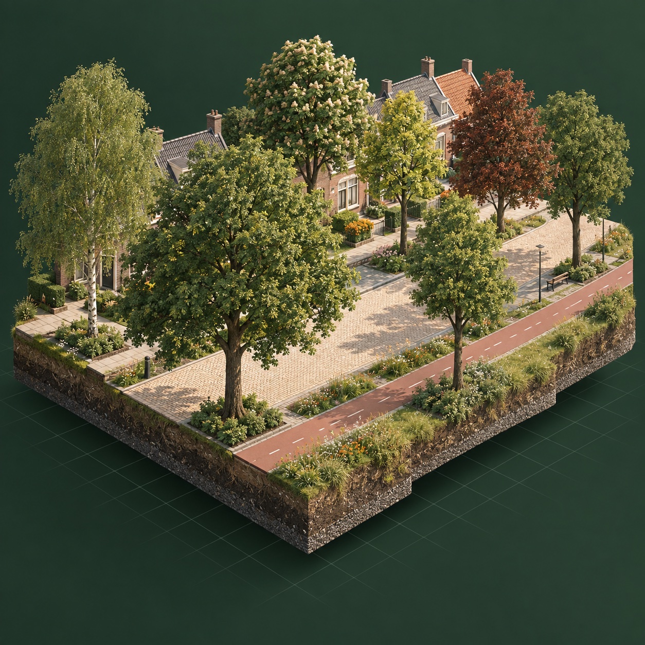 Illustratieve 3D-render van een Nederlandse woonstraat met volwassen bomen, groenstroken en een fietspad.