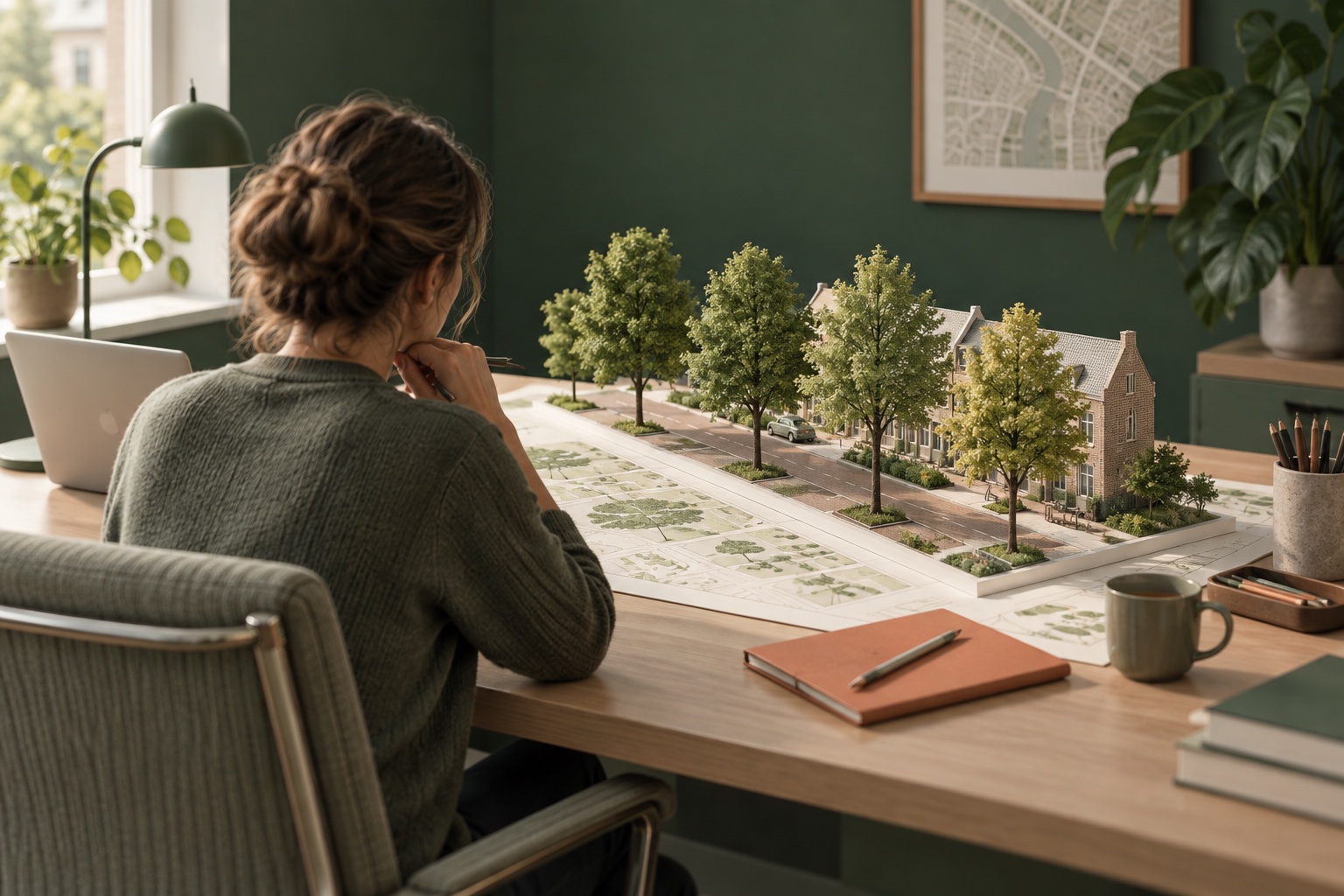 Illustratief kantoorbeeld van een medewerker die een maquette van een boomrijke straat bekijkt.