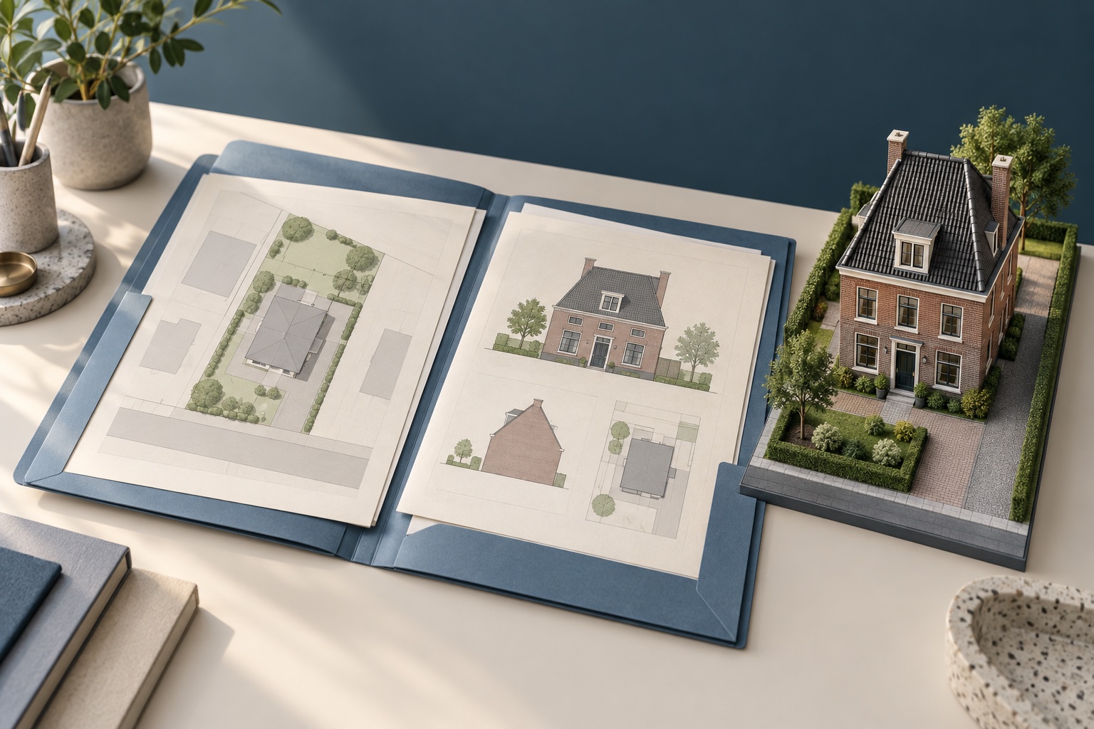 Illustratieve blauwe documentmap met gebouwtekeningen naast een woningmaquette.