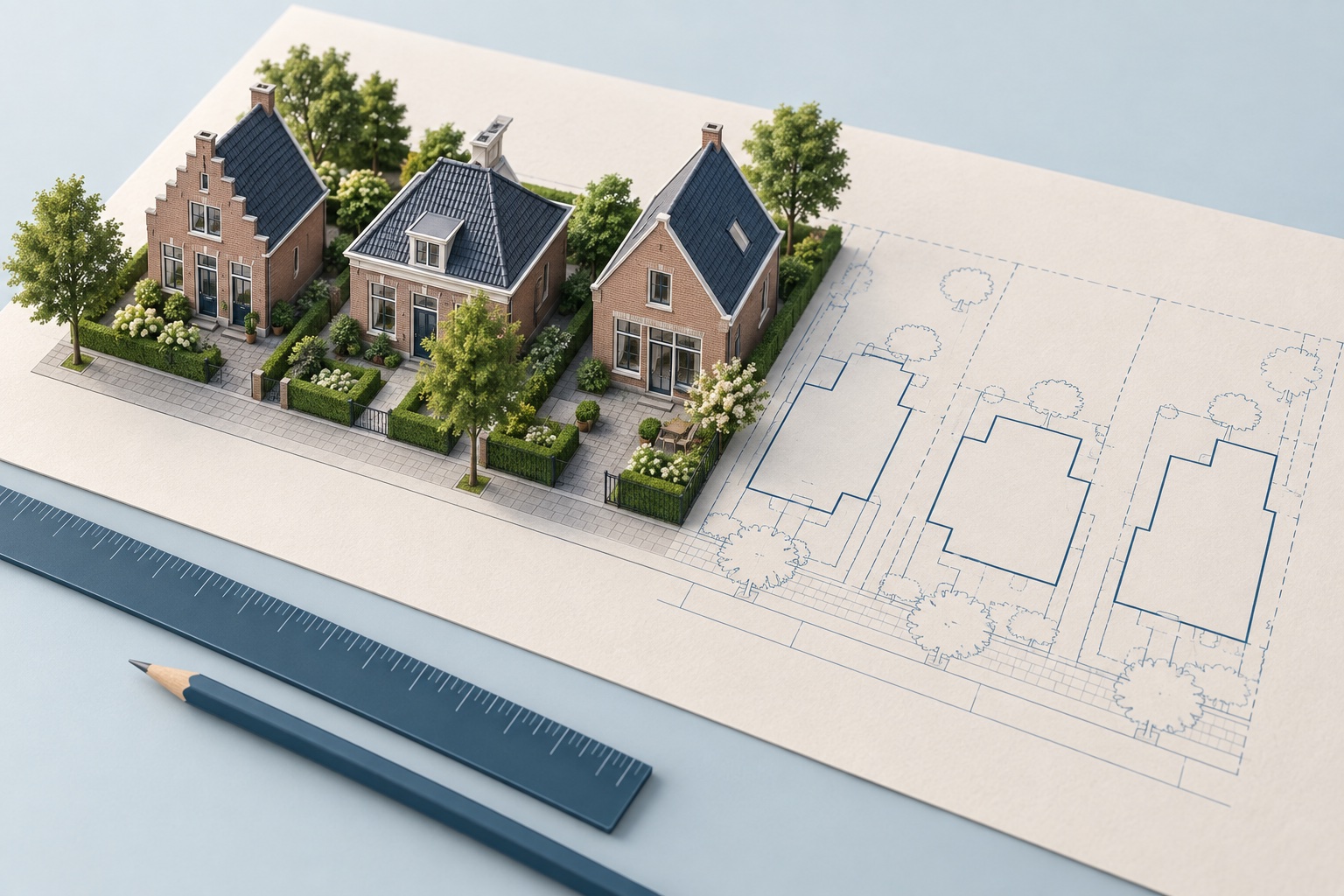 Illustratieve woningmaquettes naast blauwe gebouwcontouren op een situatietekening.