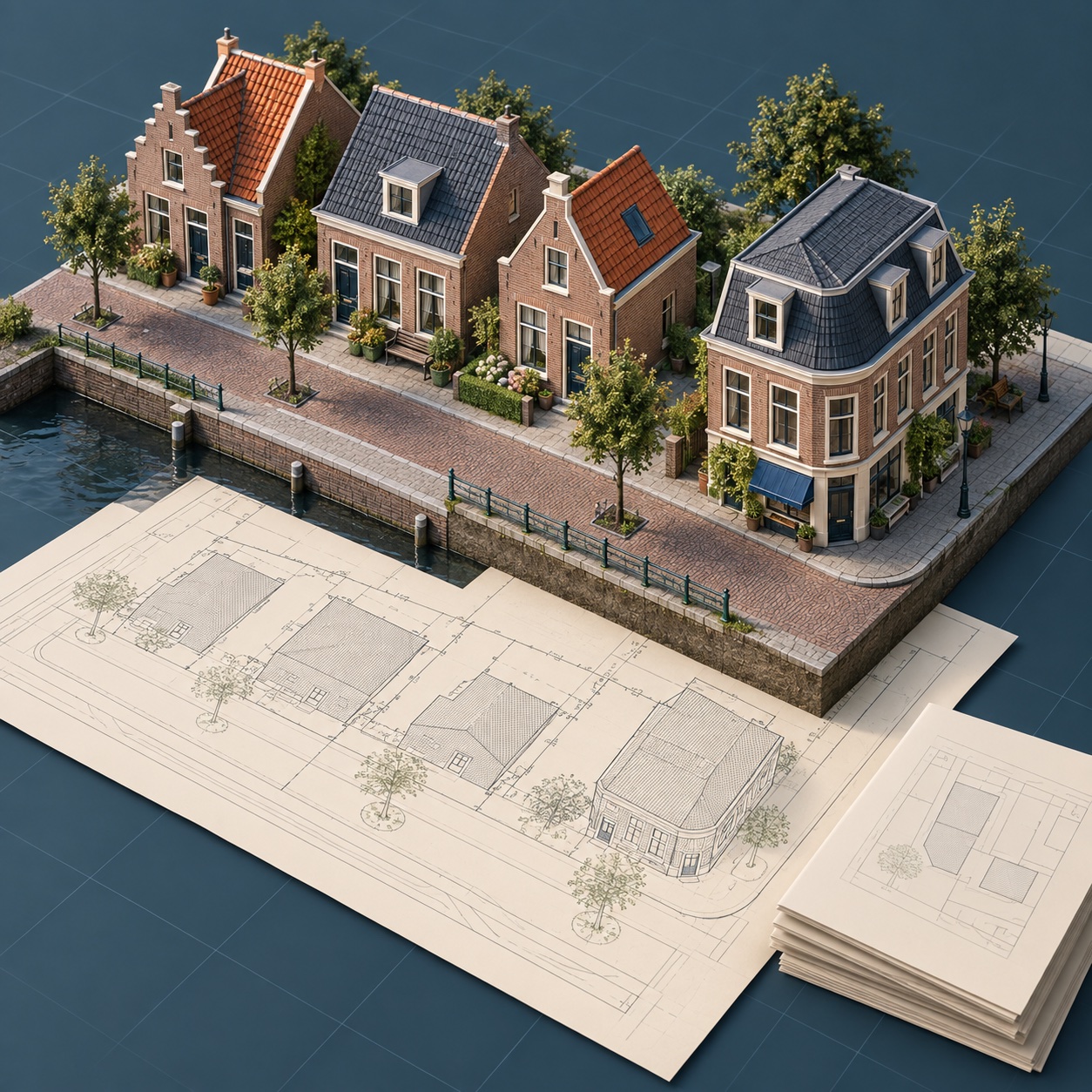 Illustratieve 3D-render van Nederlandse gebouwen met bijbehorende tekeningen en documentatie.
