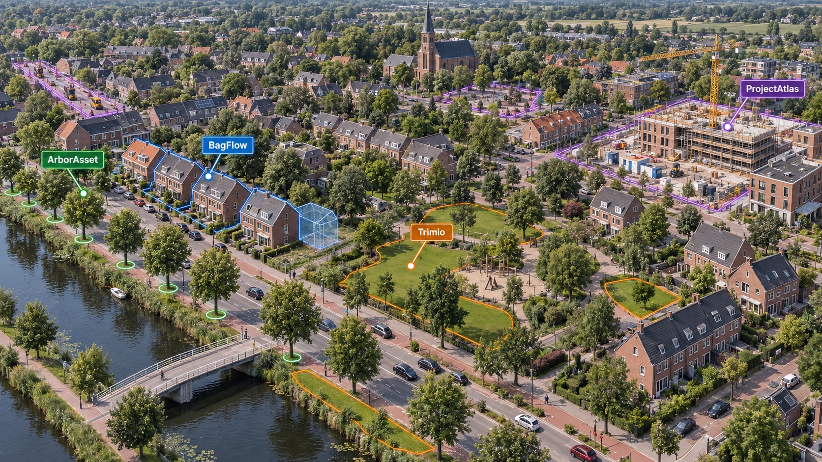AI-gegenereerd realistisch luchtbeeld van een fictieve gemeente: ArborAsset markeert bomen, BagFlow bestaande en geplande gebouwen, Trimio verspreide grasvlakken en ProjectAtlas meerdere projectlocaties.