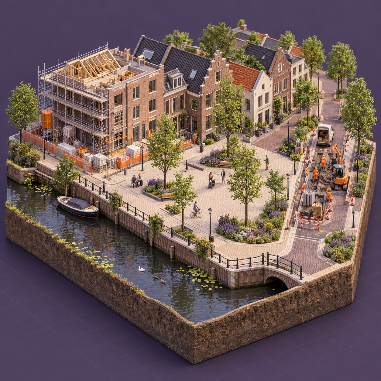 Illustratieve 3D-render van een Nederlandse buurt met woningbouw, een vernieuwd plein en wegwerkzaamheden.