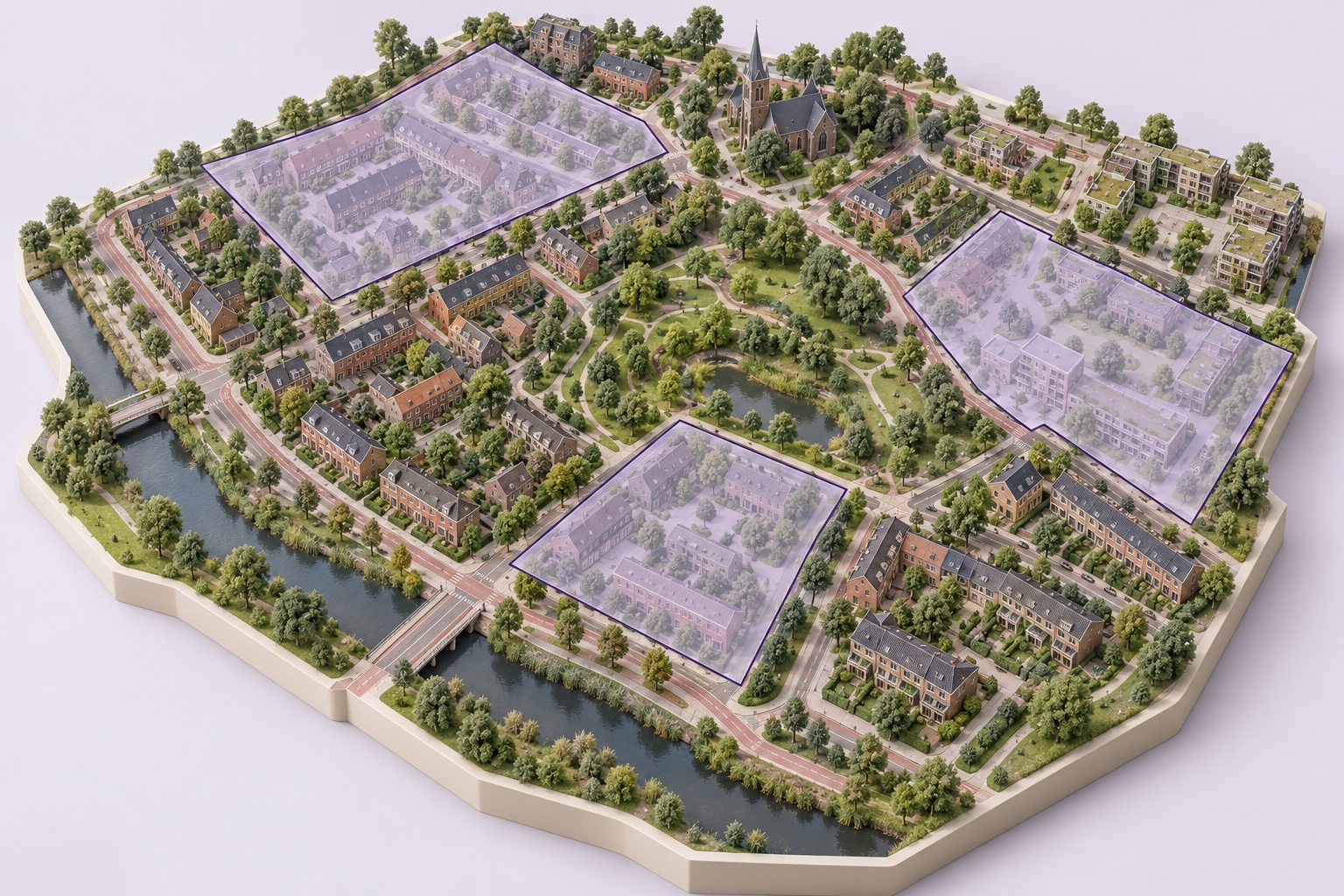 Illustratieve wijkmaquette met drie paars gemarkeerde projectgebieden.