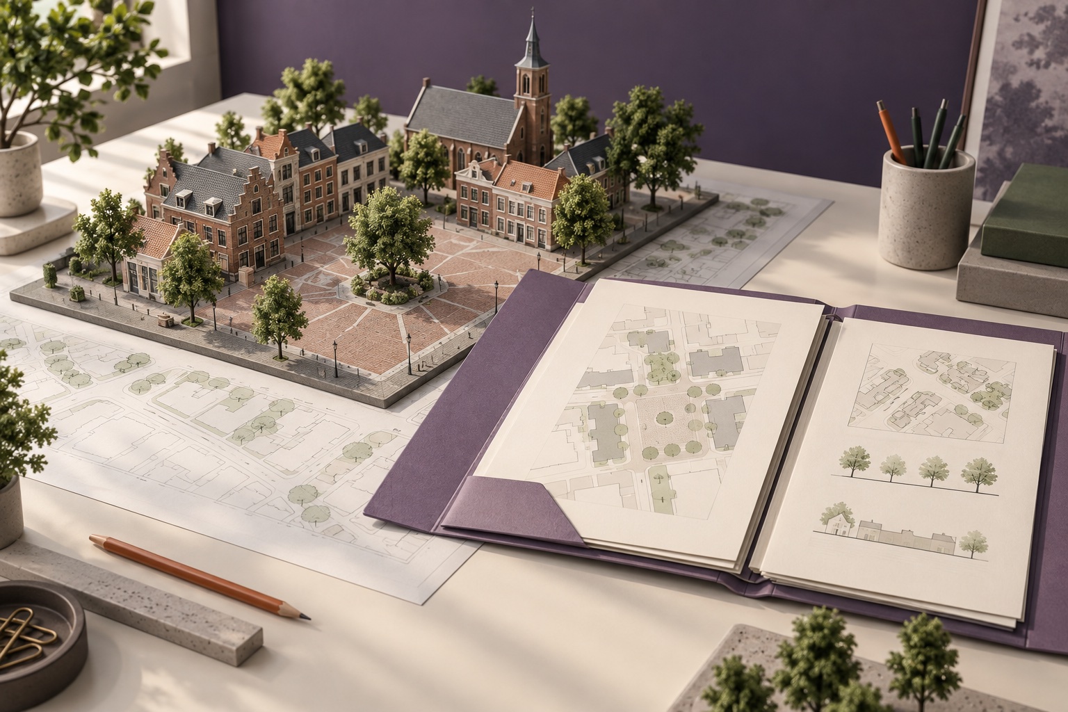 Illustratieve maquette van een plein naast een projectmap met ruimtelijke tekeningen.