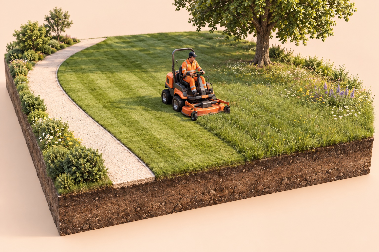 Illustratieve render van een medewerker op een oranje zitmaaier langs een parkpad.