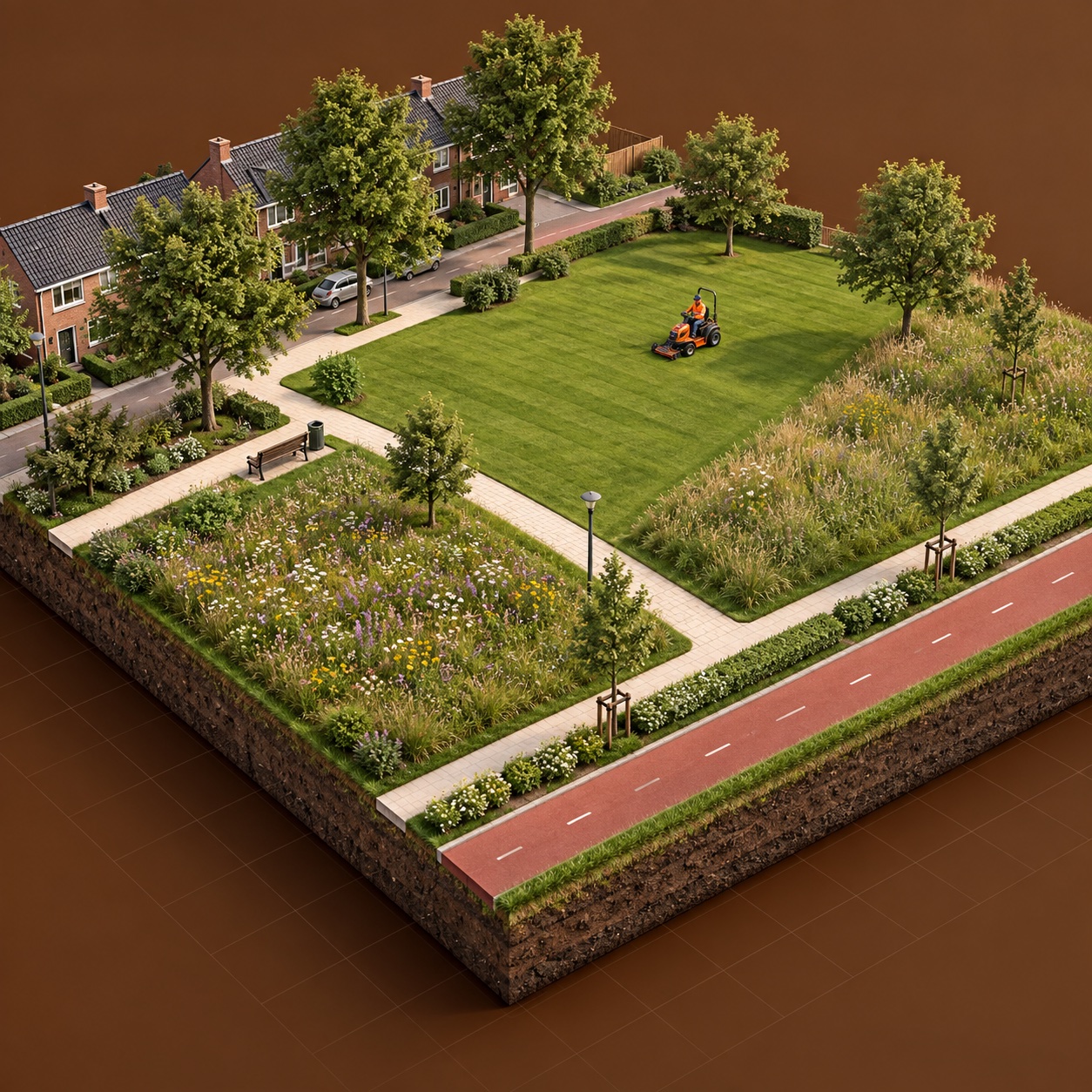 Illustratieve 3D-render van groene vlakken langs een Nederlandse woonstraat, met een maaier op het gazon.