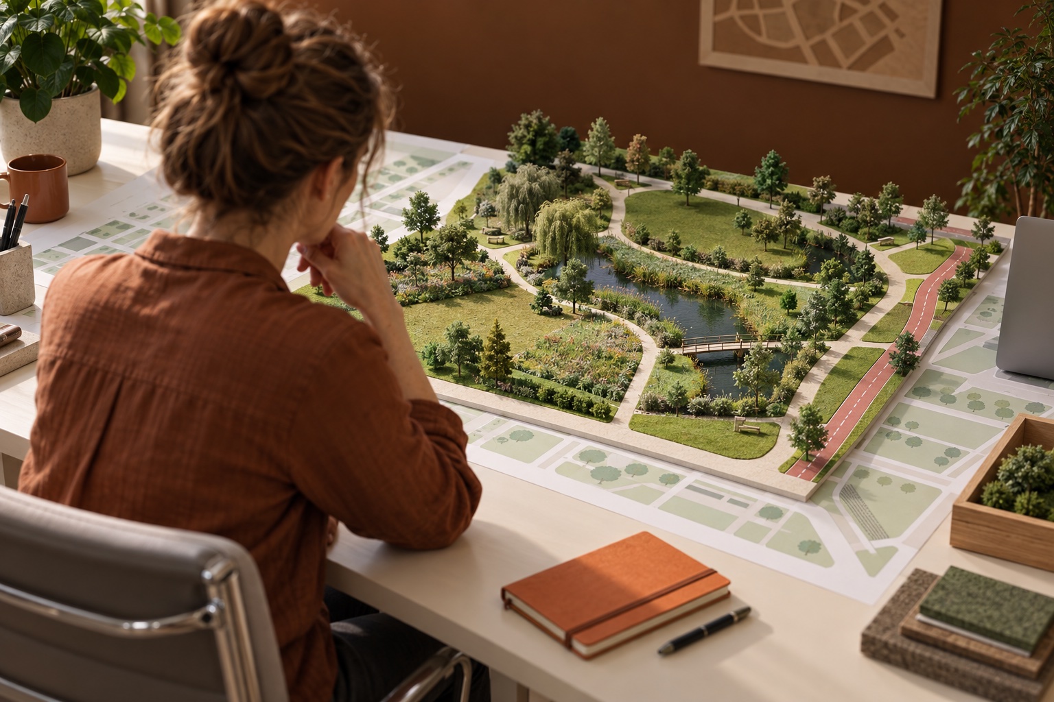 Illustratief kantoorbeeld van een medewerker die een parkmaquette met groene vlakken bekijkt.